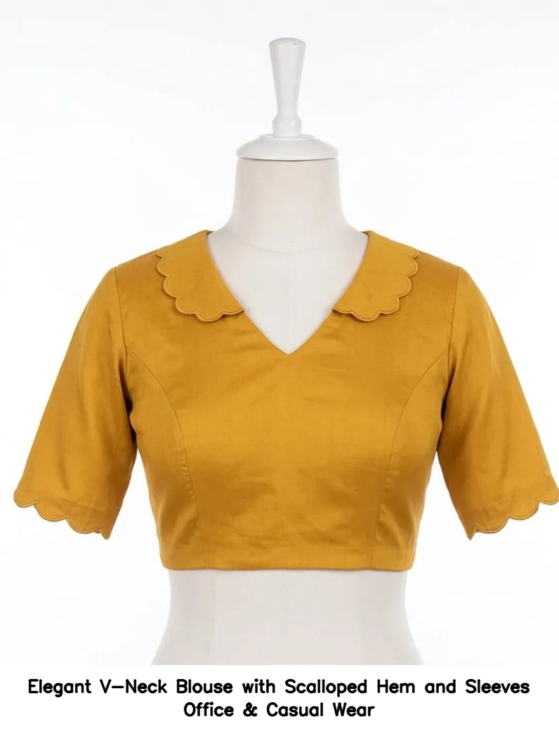 Elegant V-Neck Blouse with Scalloped Hem and Sleeves – Office & Casual Wear