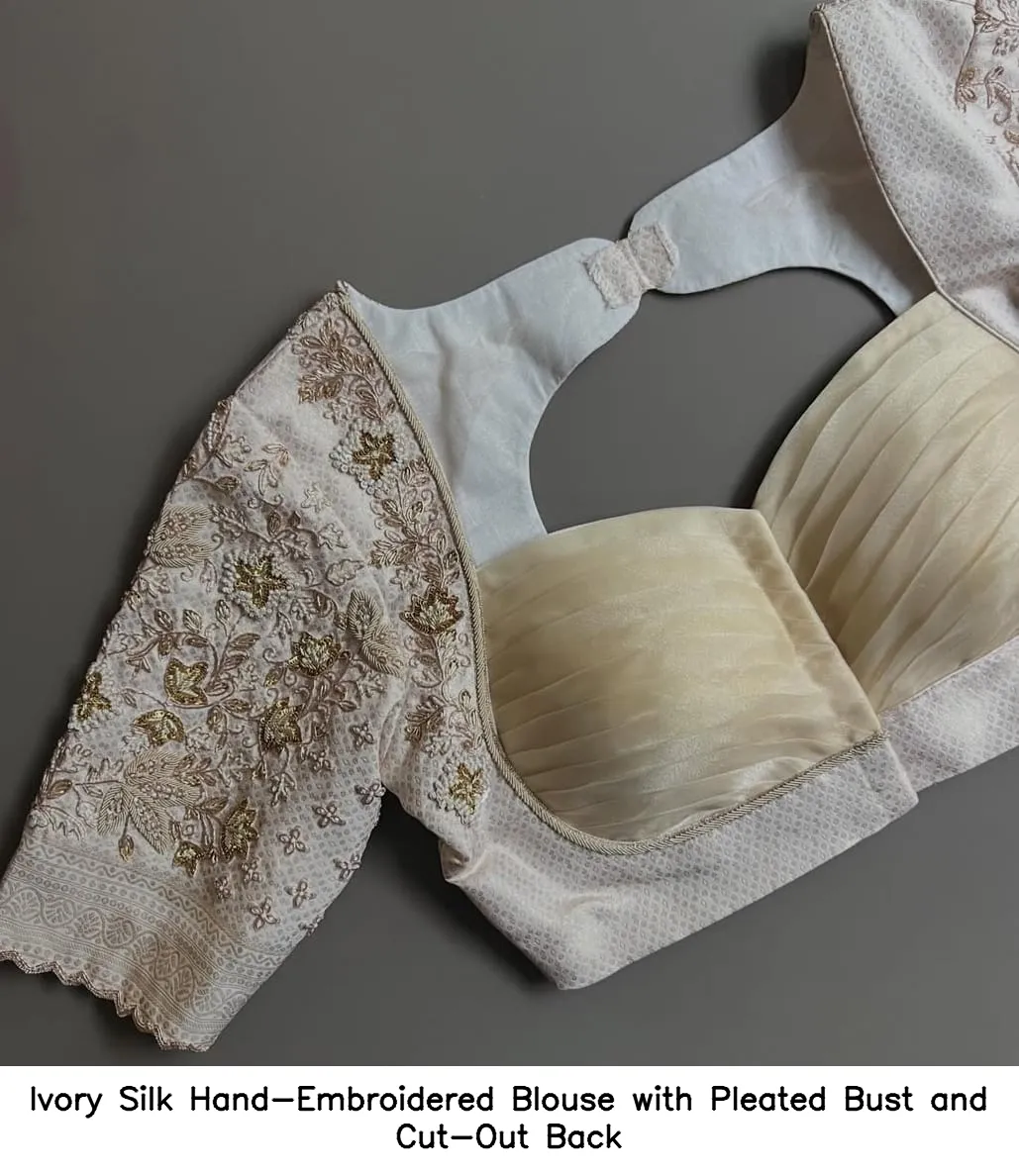 Ivory Silk Hand-Embroidered Blouse with Pleated Bust and Cut-Out Back