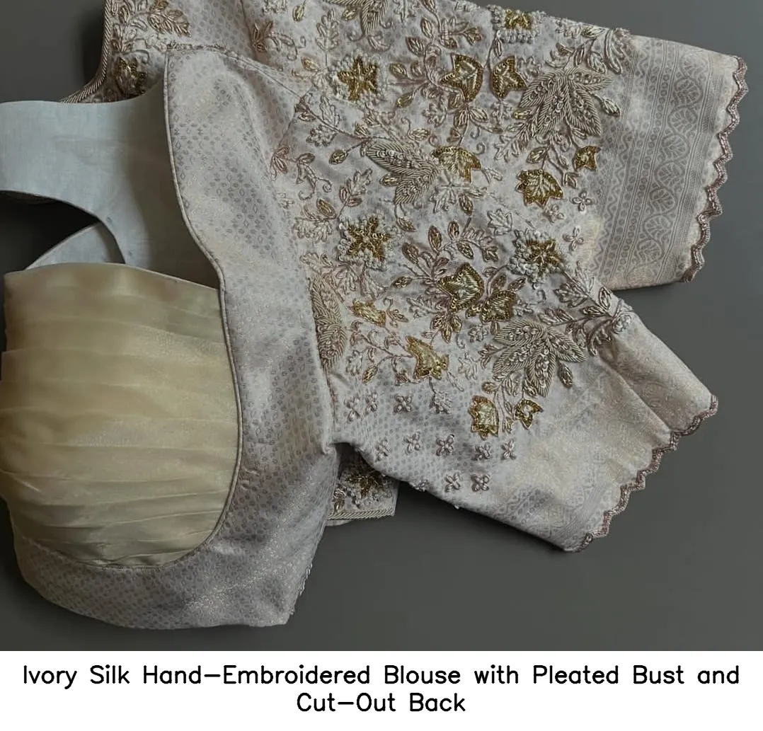 Ivory Silk Hand-Embroidered Blouse with Pleated Bust and Cut-Out Back - Image 2