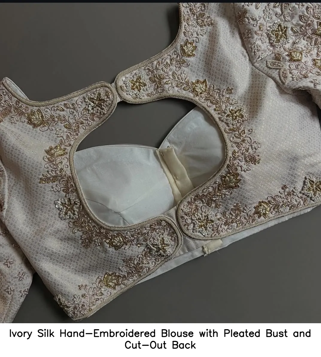 Ivory Silk Hand-Embroidered Blouse with Pleated Bust and Cut-Out Back - Image 3