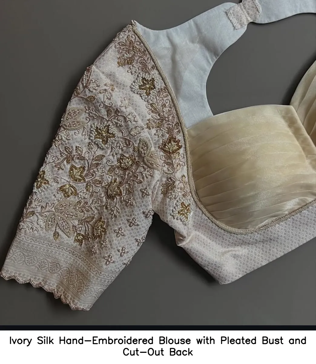 Ivory Silk Hand-Embroidered Blouse with Pleated Bust and Cut-Out Back - Image 4