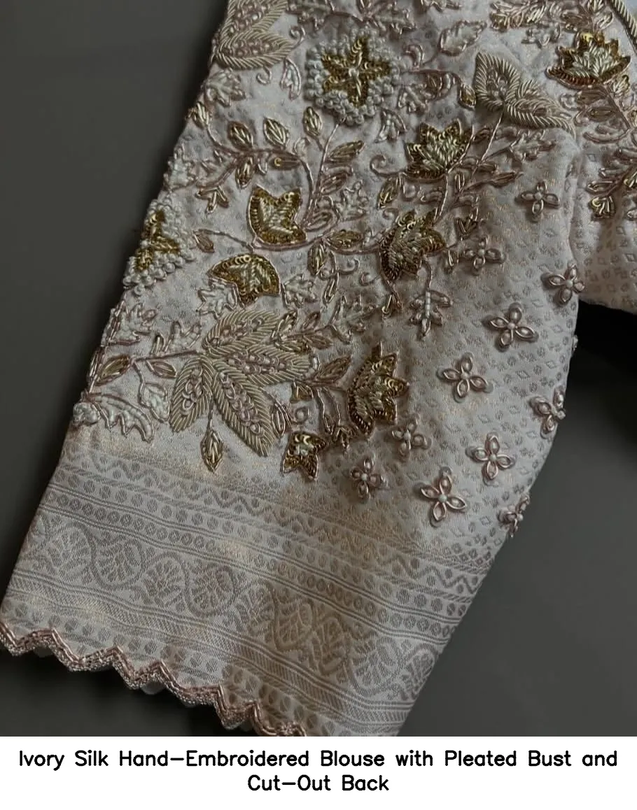 Ivory Silk Hand-Embroidered Blouse with Pleated Bust and Cut-Out Back - Image 5