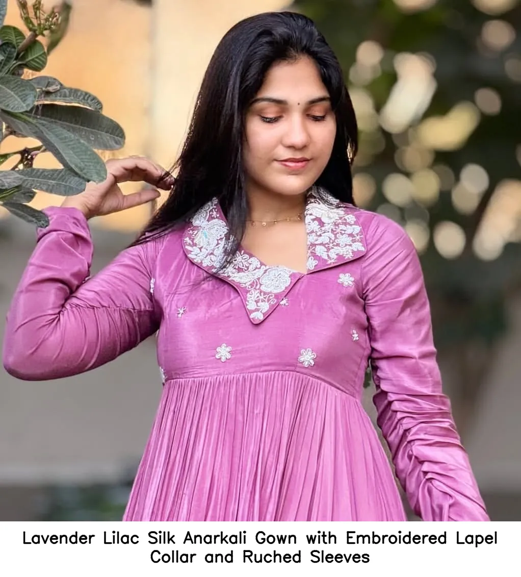 Lavender Lilac Silk Anarkali Gown with Embroidered Lapel Collar and Ruched Sleeves - Image 2