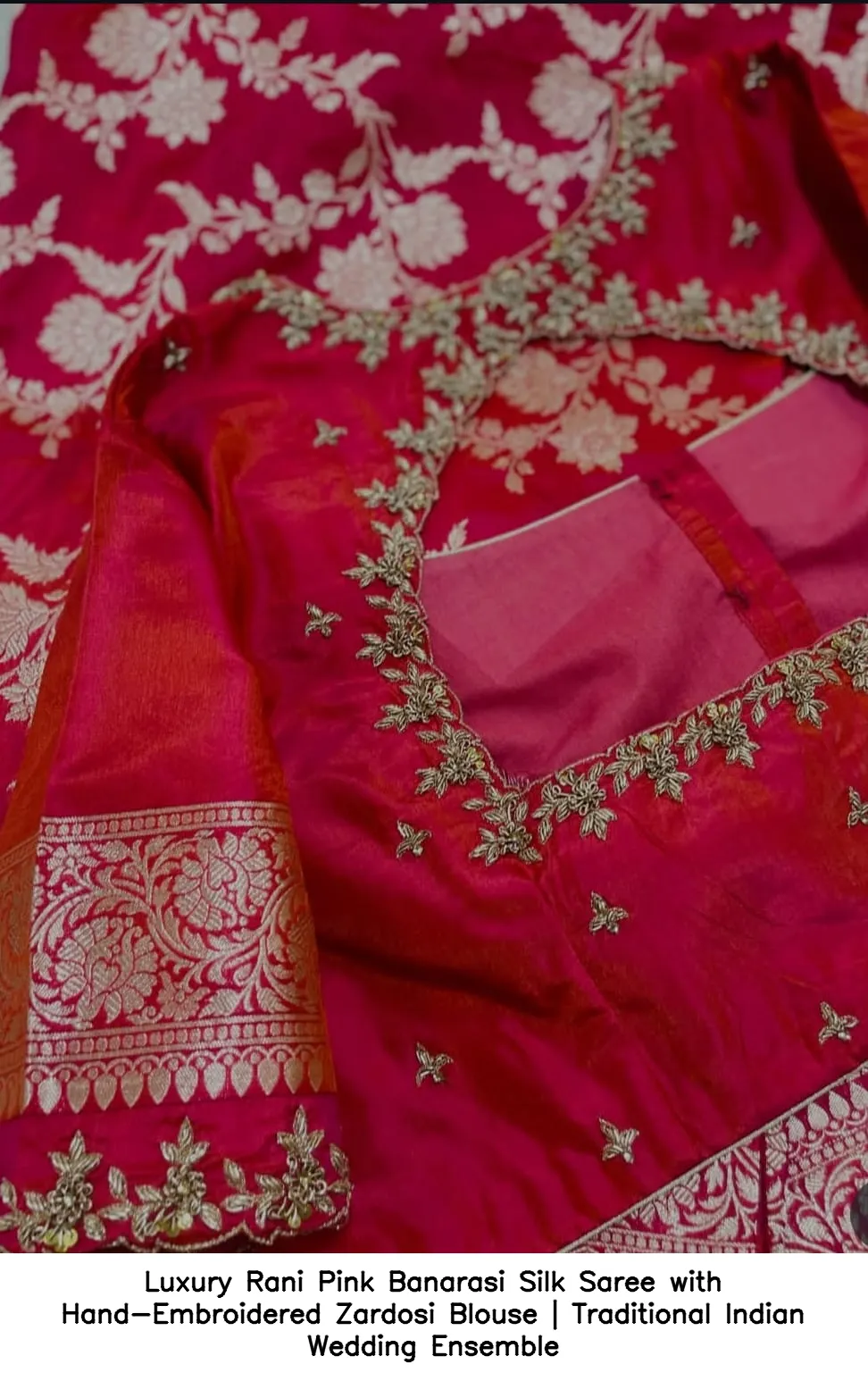 Luxury Rani Pink Banarasi Silk Saree with Hand-Embroidered Zardosi Blouse | Traditional Indian Wedding Ensemble