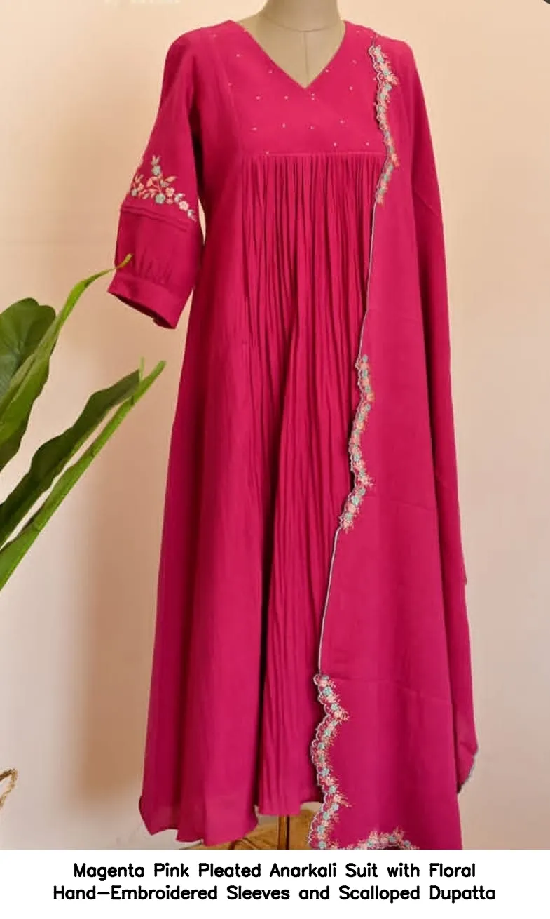 Magenta Pink Pleated Anarkali Suit with Floral Hand-Embroidered Sleeves and Scalloped Dupatta