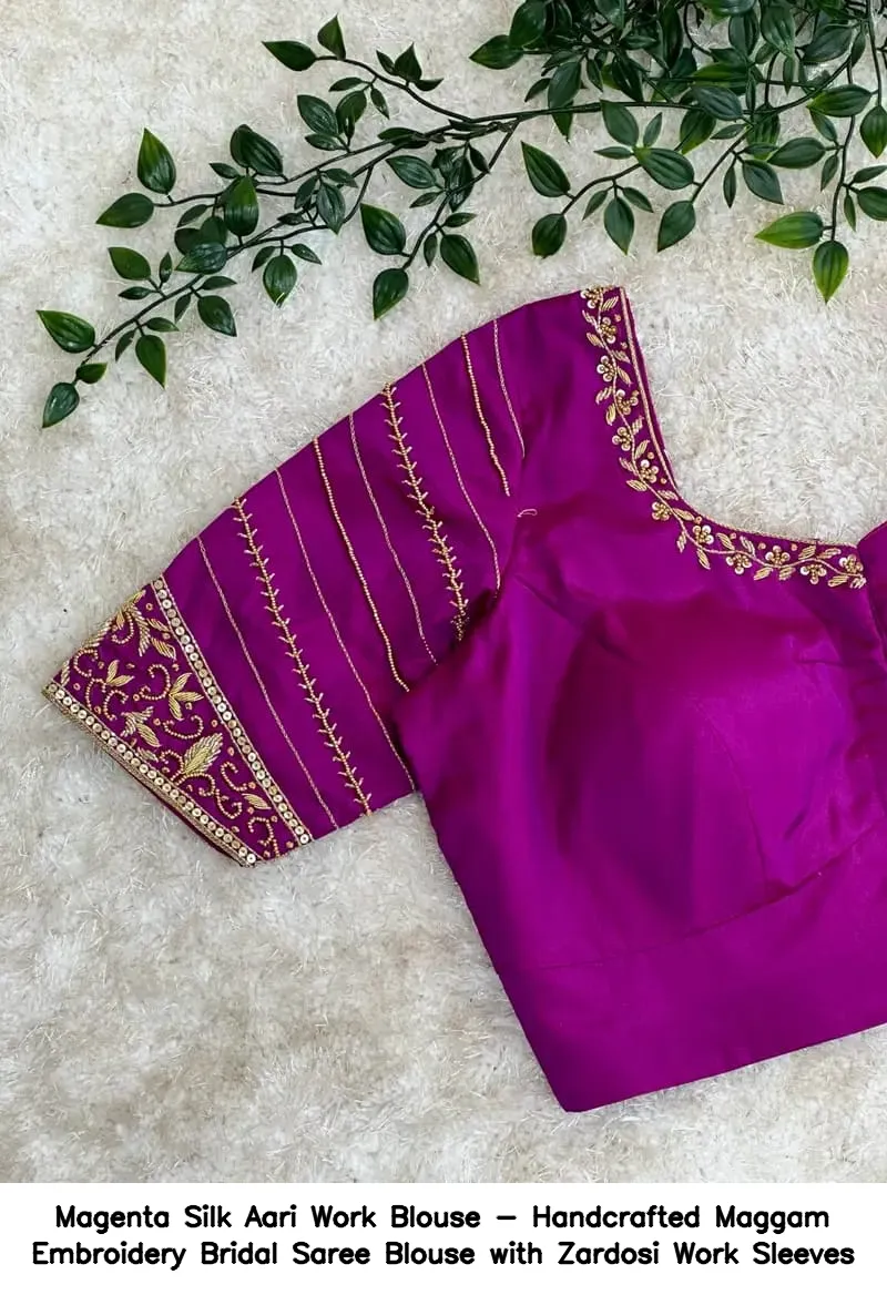 Magenta Silk Aari Work Blouse - Handcrafted Maggam Embroidery Bridal Saree Blouse with Zardosi Work Sleeves