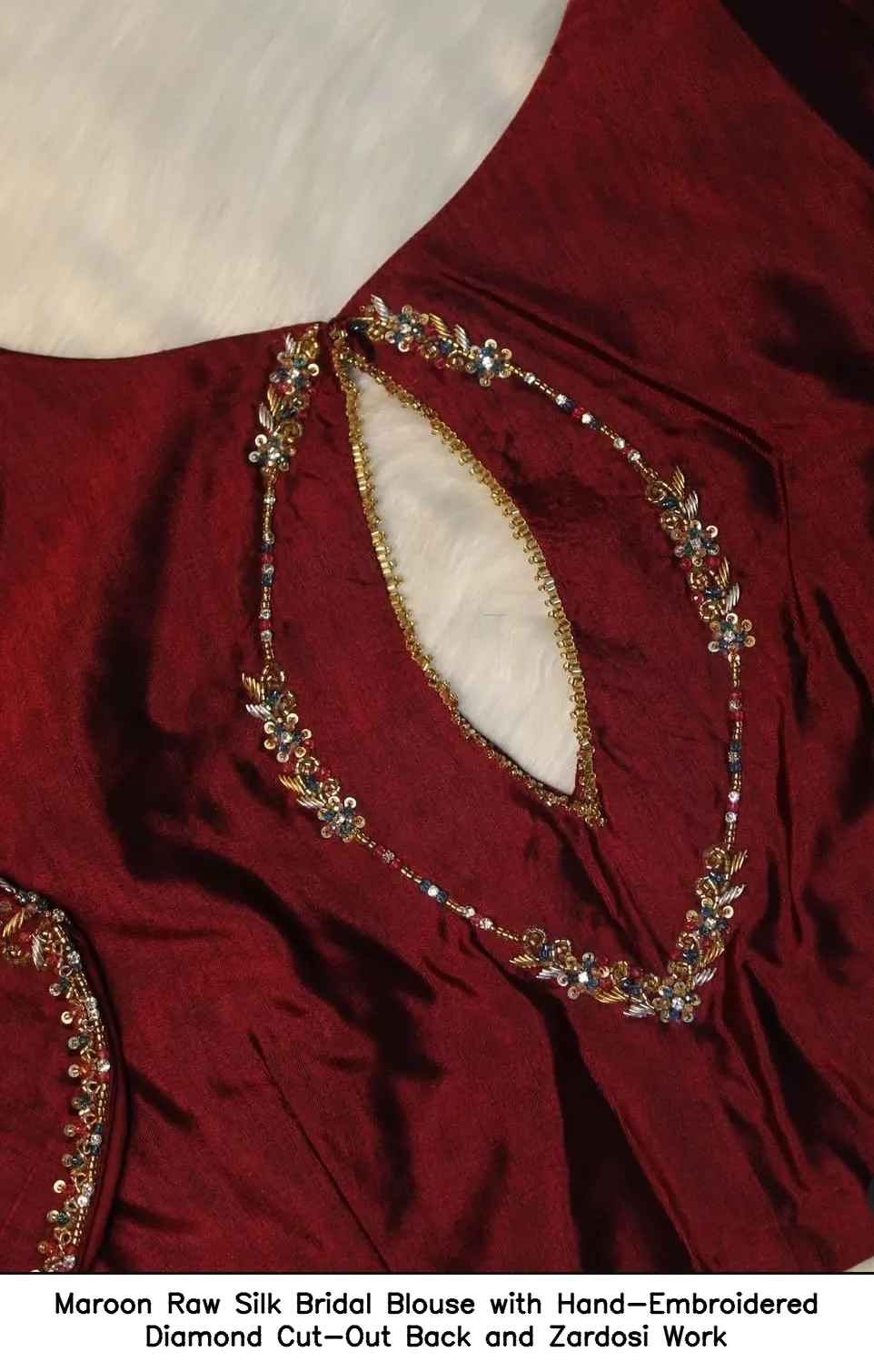 Maroon Raw Silk Bridal Blouse with Hand-Embroidered Diamond Cut-Out Back and Zardosi Work