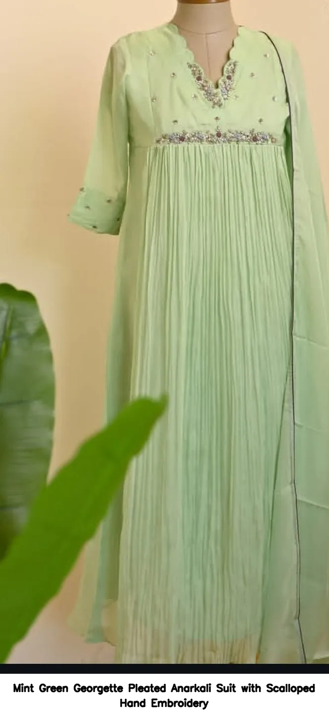 Mint Green Georgette Pleated Anarkali Suit with Scalloped Hand Embroidery