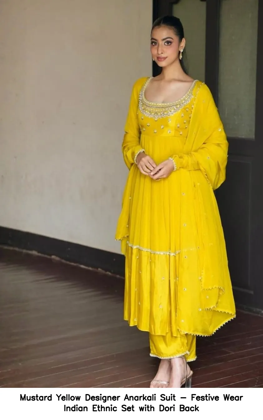 Mustard Yellow Designer Anarkali Suit - Festive Wear Indian Ethnic Set with Dori Back