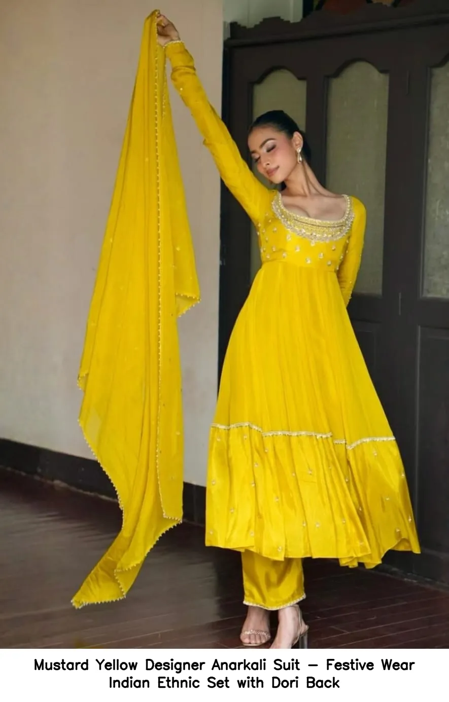 Mustard Yellow Designer Anarkali Suit - Festive Wear Indian Ethnic Set with Dori Back - Image 2