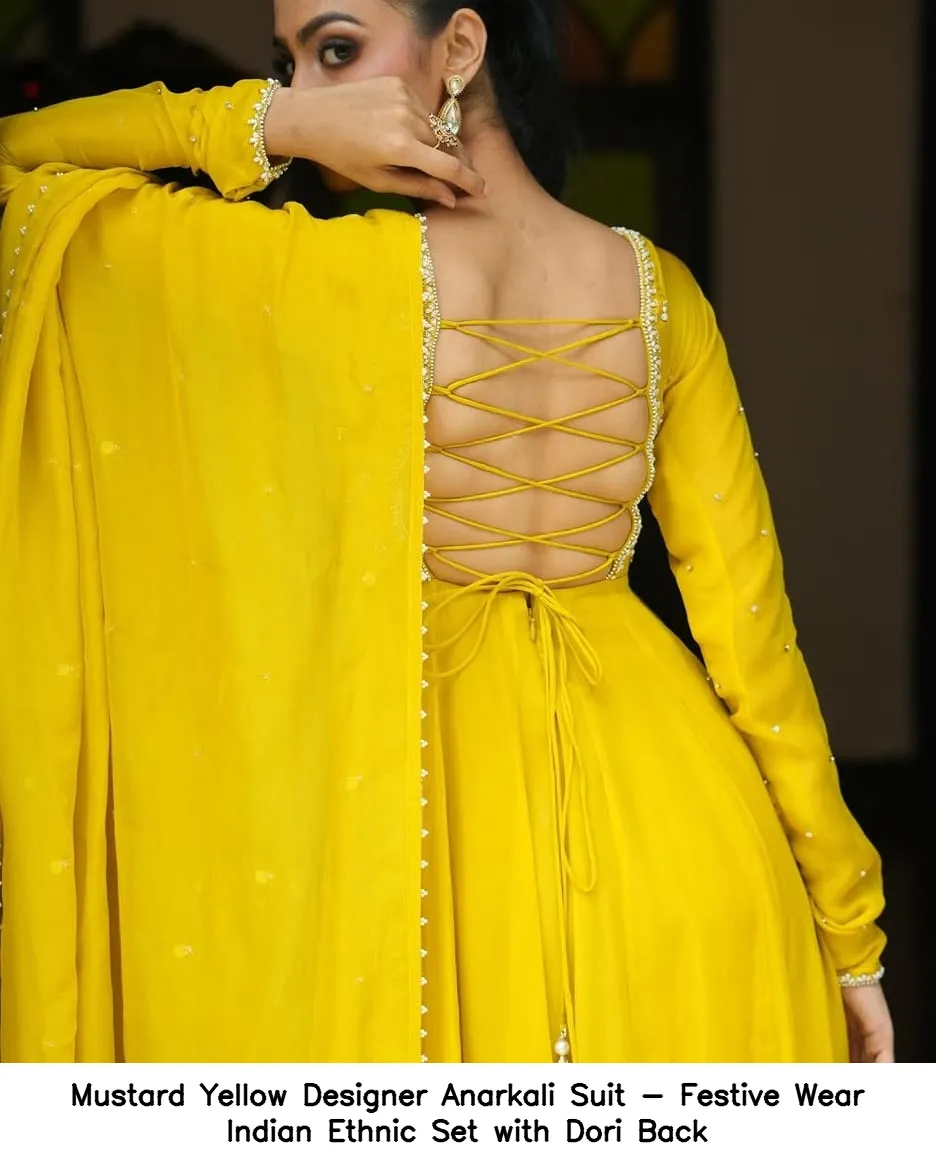 Mustard Yellow Designer Anarkali Suit - Festive Wear Indian Ethnic Set with Dori Back - Image 3