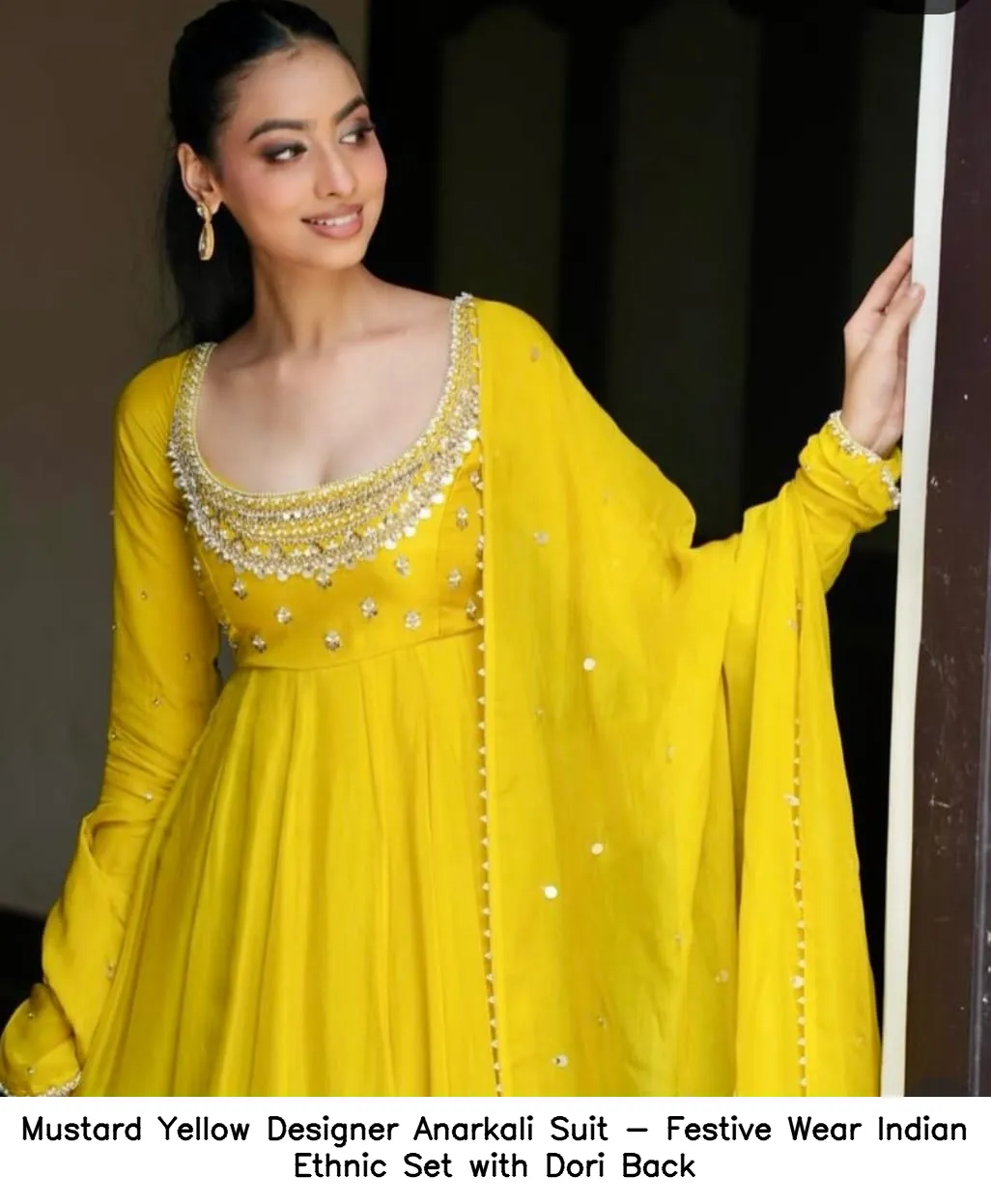 Mustard Yellow Designer Anarkali Suit - Festive Wear Indian Ethnic Set with Dori Back - Image 4