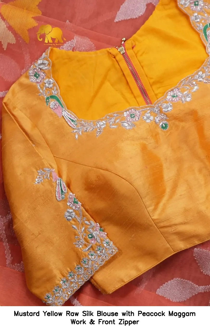 Mustard Yellow Raw Silk Blouse with Peacock Maggam Work & Front Zipper