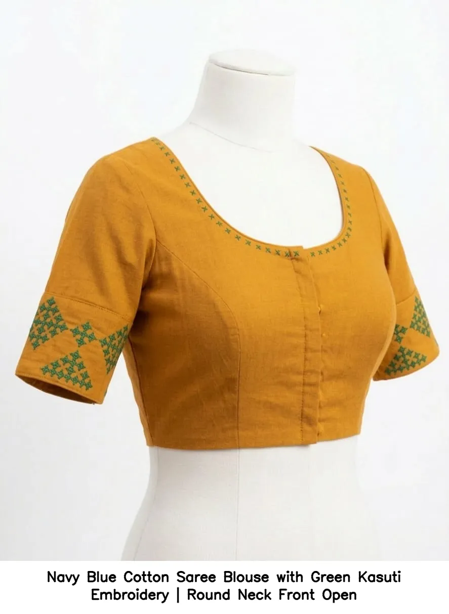 Navy Blue Cotton Saree Blouse with Green Kasuti Embroidery | Round Neck Front Open
