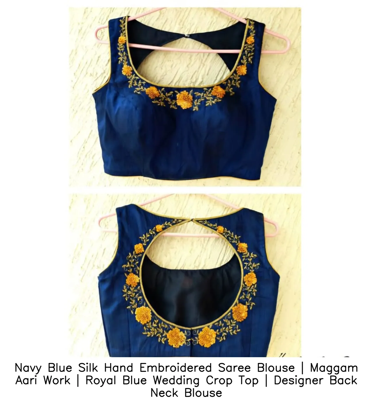 Navy Blue Silk Hand Embroidered Saree Blouse | Maggam Aari Work | Royal Blue Wedding Crop Top | Designer Back Neck Blouse