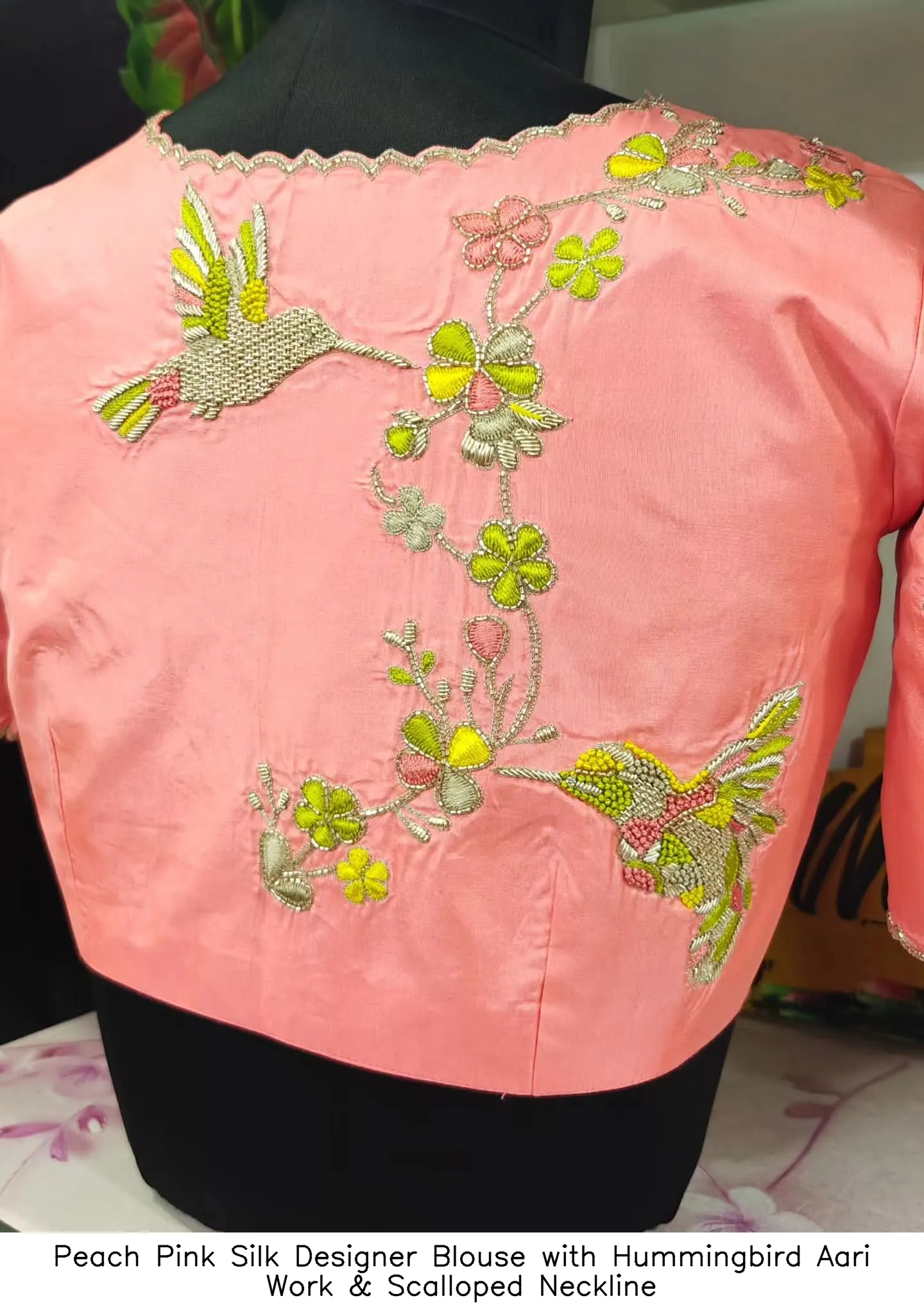 Peach Pink Silk Designer Blouse with Hummingbird Aari Work & Scalloped Neckline