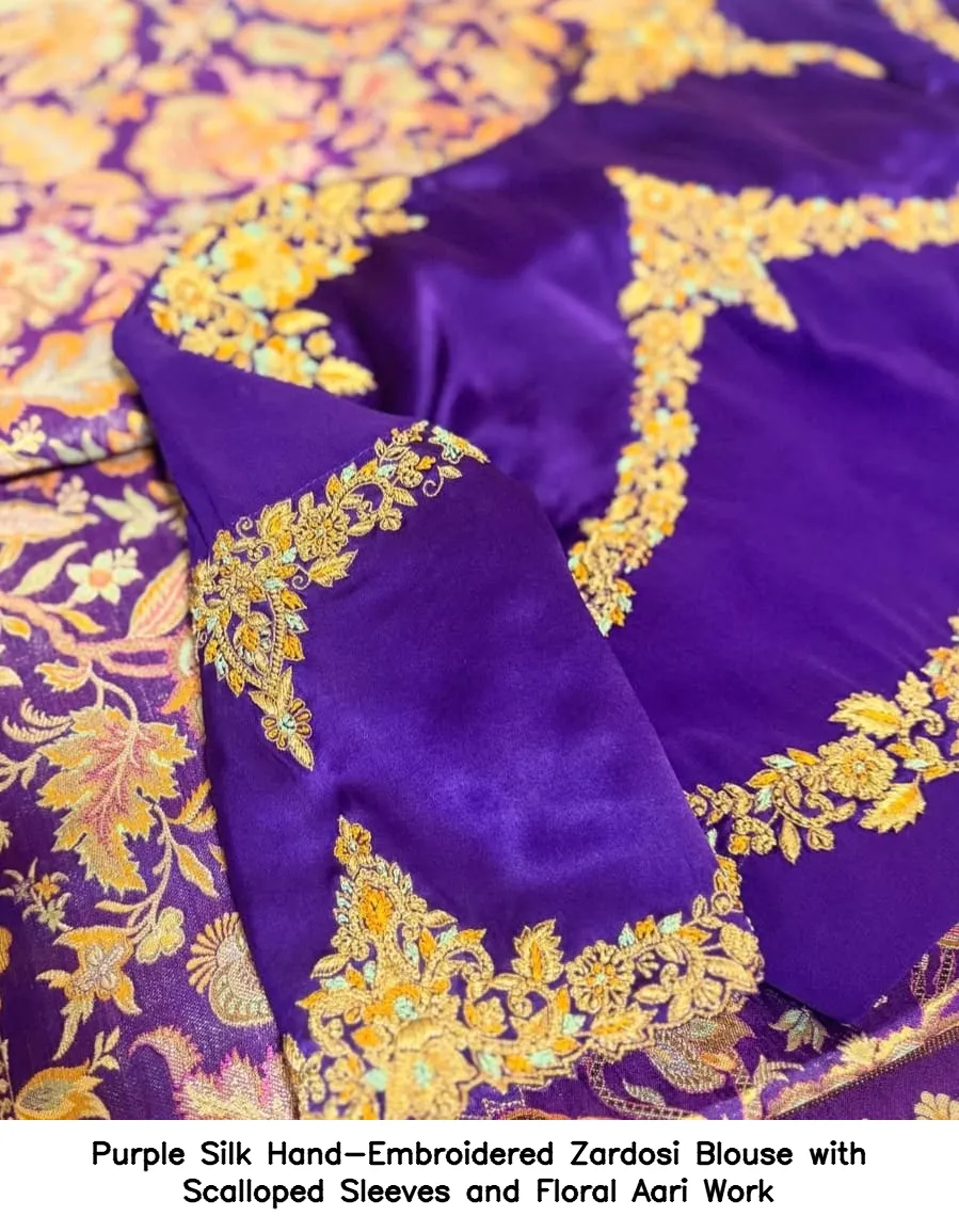 Purple Silk Hand-Embroidered Zardosi Blouse with Scalloped Sleeves and Floral Aari Work