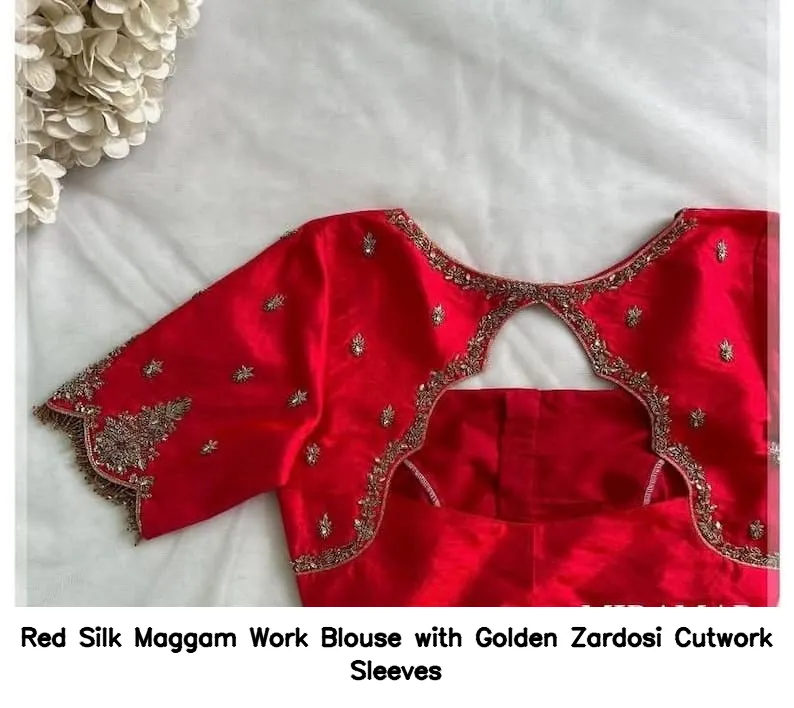 Red Silk Maggam Work Blouse with Golden Zardosi Cutwork Sleeves
