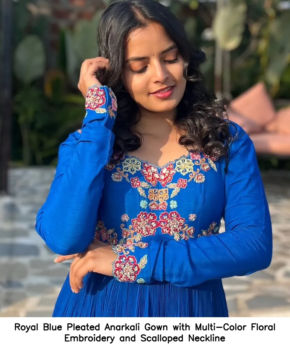 Royal Blue Pleated Anarkali Gown with Multi-Color Floral Embroidery and Scalloped Neckline