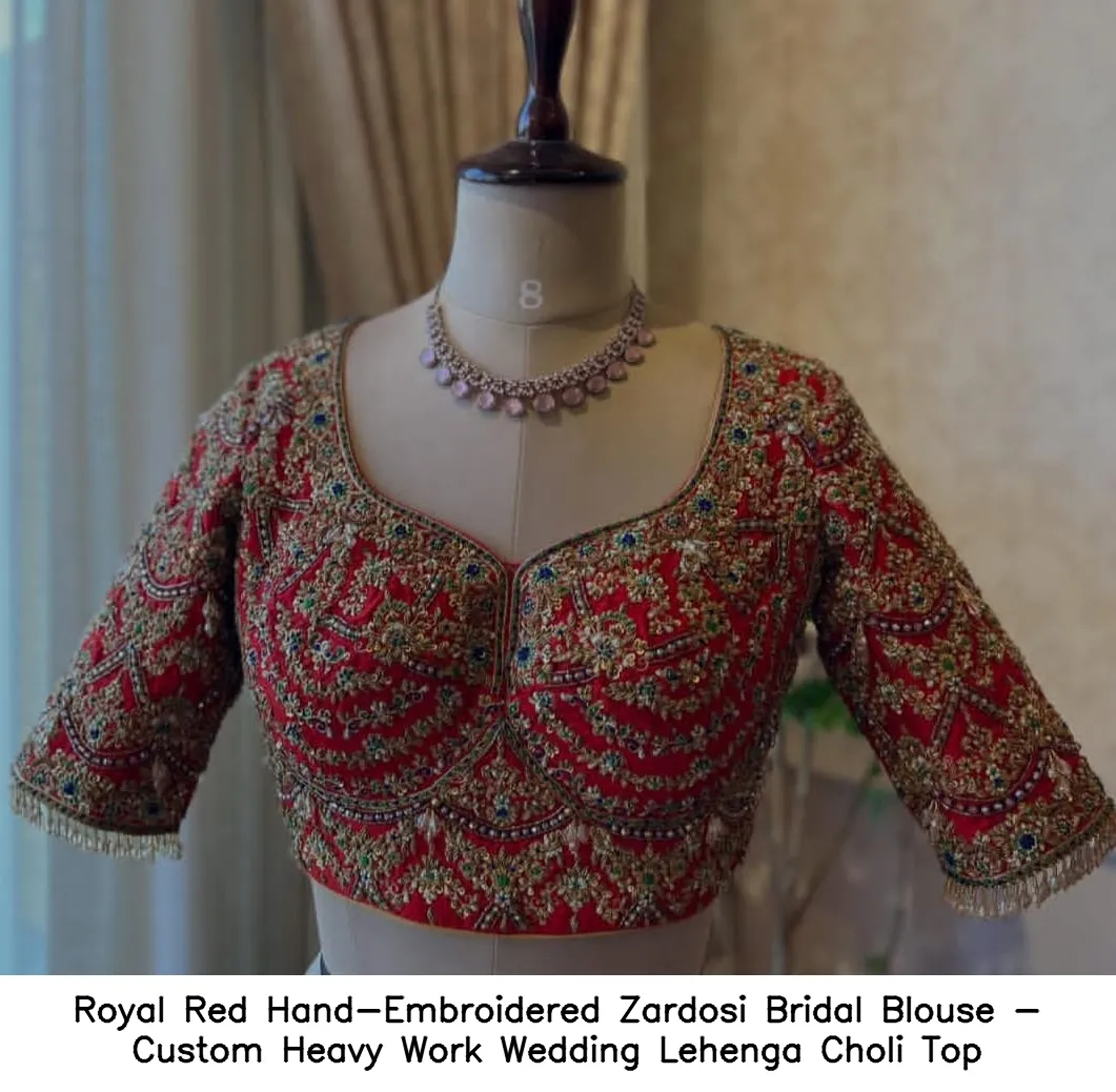 Royal Red Hand-Embroidered Zardosi Bridal Blouse - Custom Heavy Work Wedding Lehenga Choli Top - Image 2