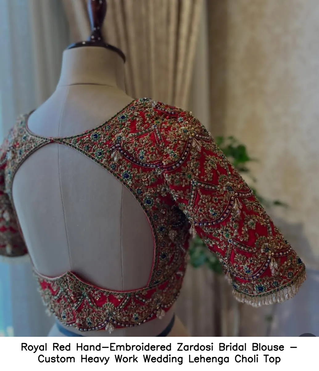 Royal Red Hand-Embroidered Zardosi Bridal Blouse - Custom Heavy Work Wedding Lehenga Choli Top - Image 3