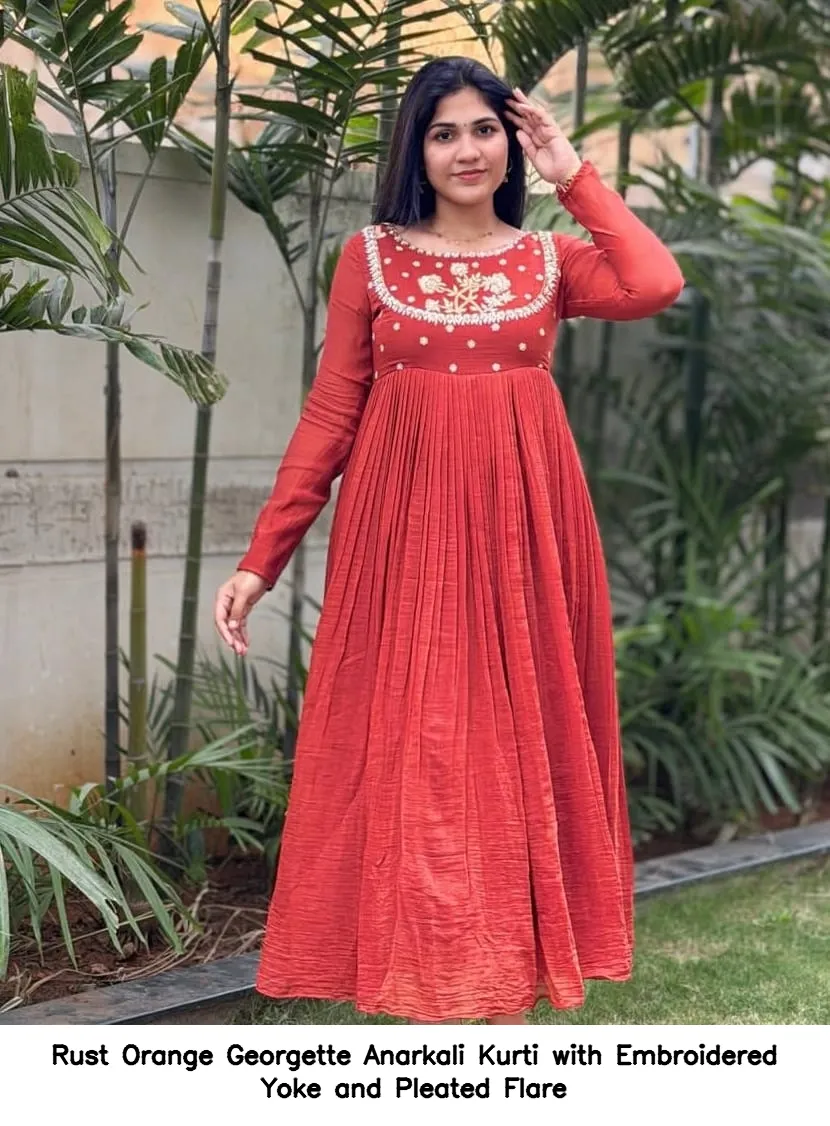 Rust Orange Georgette Anarkali Kurti with Embroidered Yoke and Pleated Flare