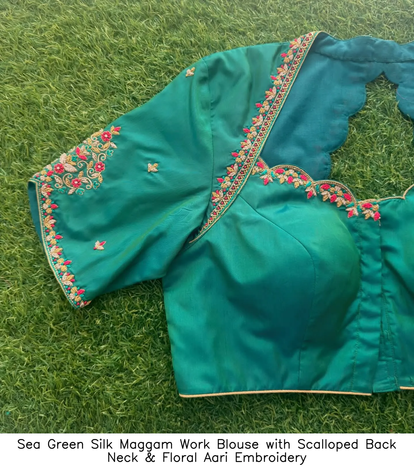 Sea Green Silk Maggam Work Blouse with Scalloped Back Neck & Floral Aari Embroidery