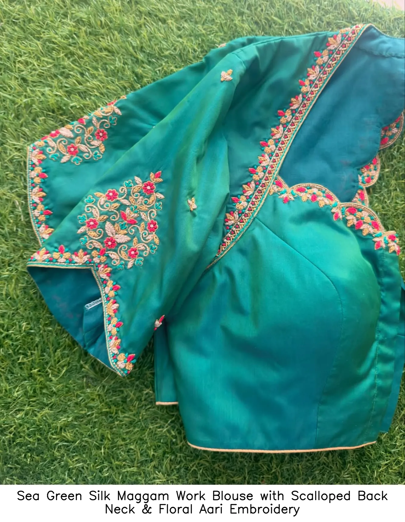 Sea Green Silk Maggam Work Blouse with Scalloped Back Neck & Floral Aari Embroidery - Image 2