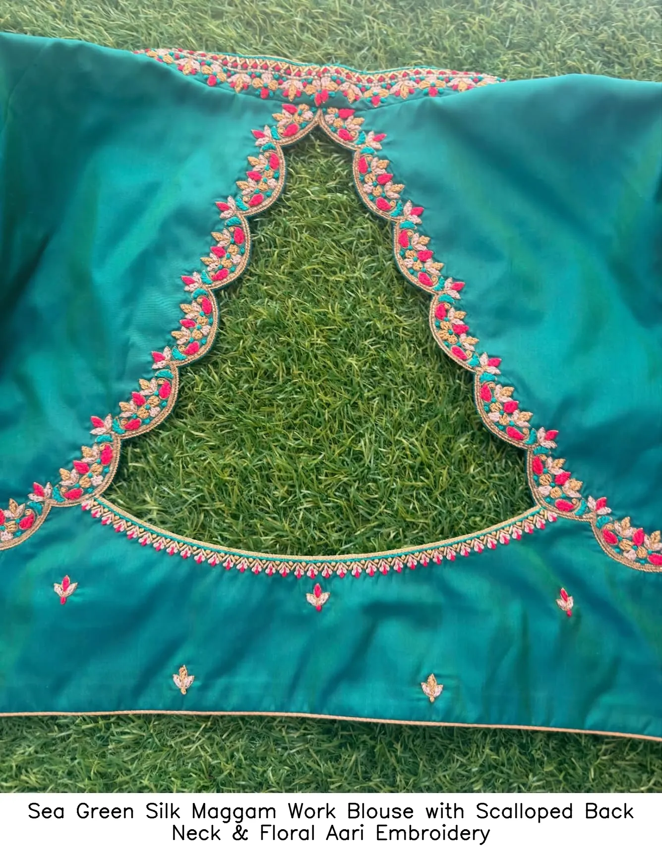 Sea Green Silk Maggam Work Blouse with Scalloped Back Neck & Floral Aari Embroidery - Image 3