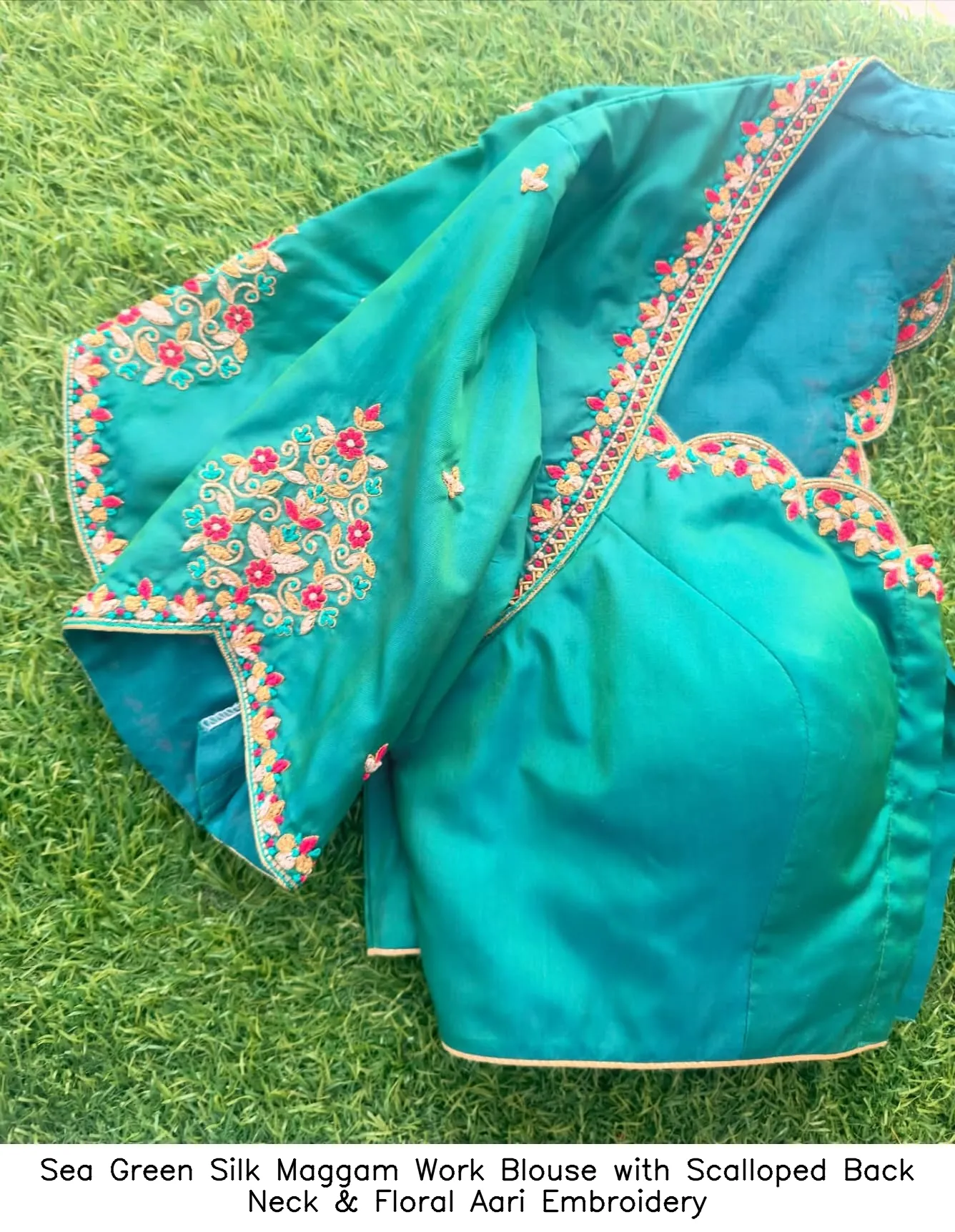 Sea Green Silk Maggam Work Blouse with Scalloped Back Neck & Floral Aari Embroidery - Image 4