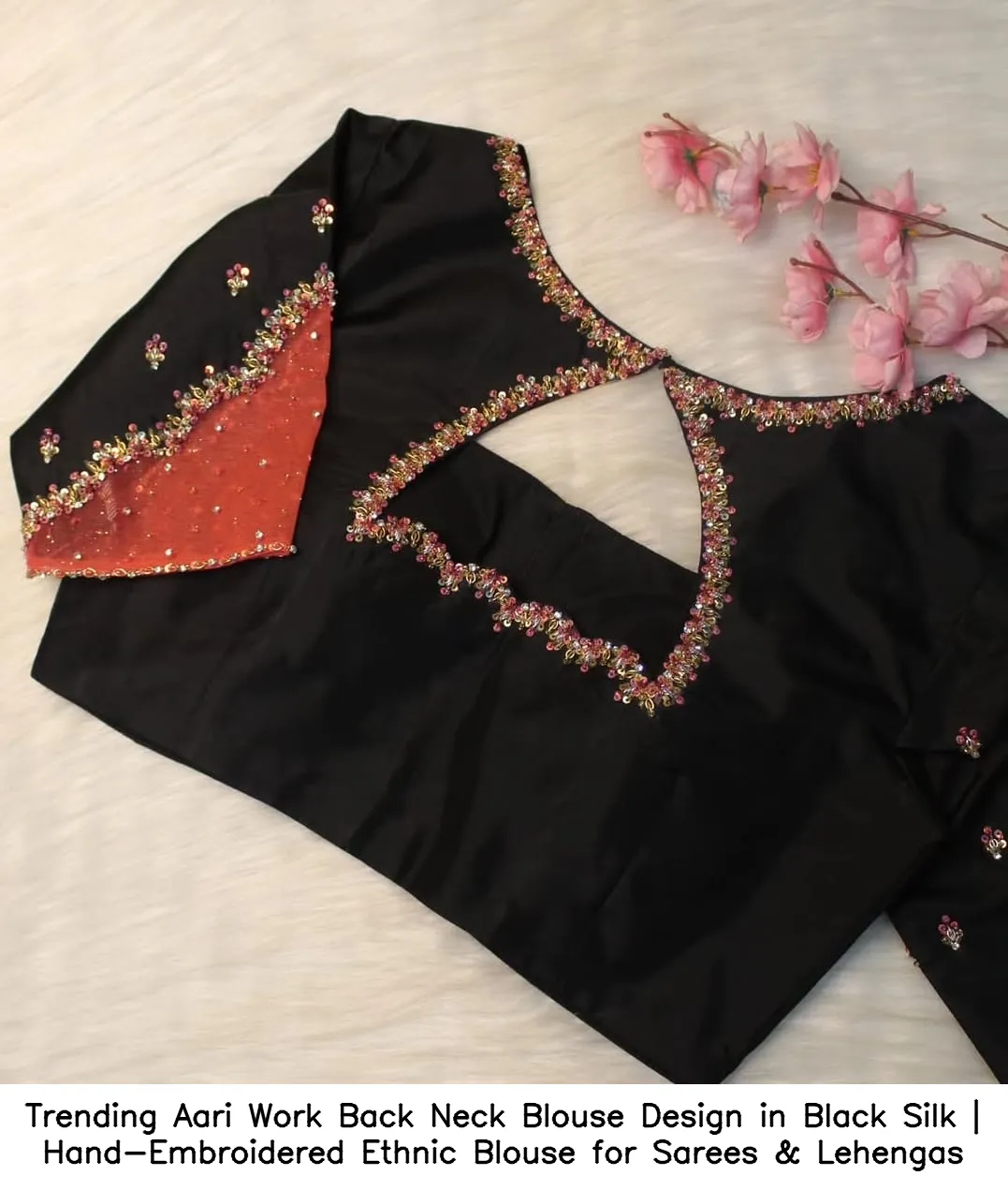 Trending Aari Work Back Neck Blouse Design in Black Silk | Hand-Embroidered Ethnic Blouse for Sarees & Lehengas - Image 3