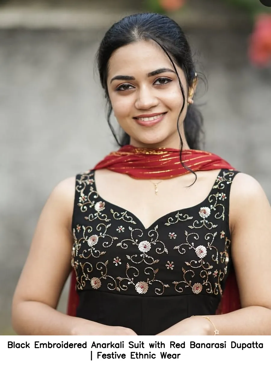 ​Black Embroidered Anarkali Suit with Red Banarasi Dupatta | Festive Ethnic Wear