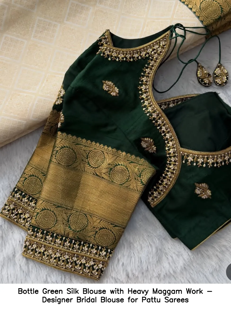 ​Bottle Green Silk Blouse with Heavy Maggam Work - Designer Bridal Blouse for Pattu Sarees