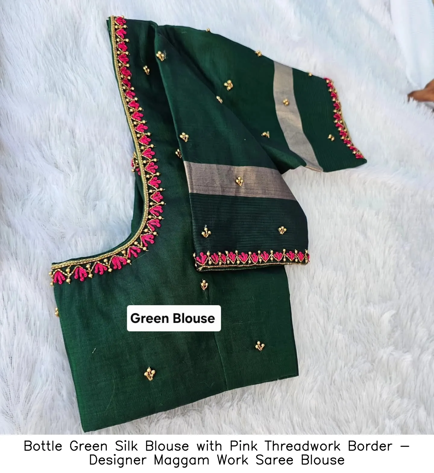 ​Bottle Green Silk Blouse with Pink Threadwork Border - Designer Maggam Work Saree Blouse