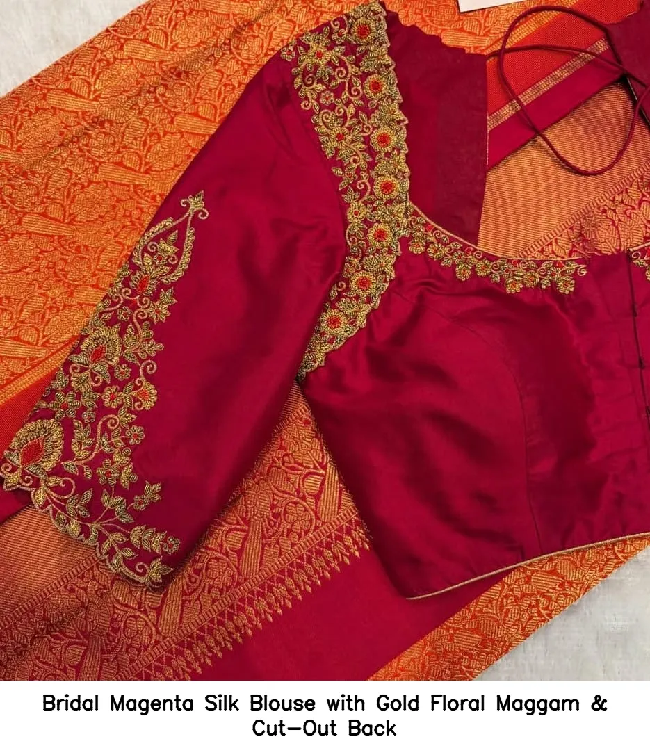 ​Bridal Magenta Silk Blouse with Gold Floral Maggam & Cut-Out Back