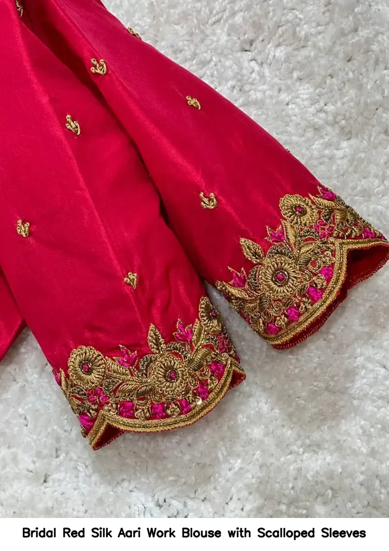 ​Bridal Red Silk Aari Work Blouse with Scalloped Sleeves