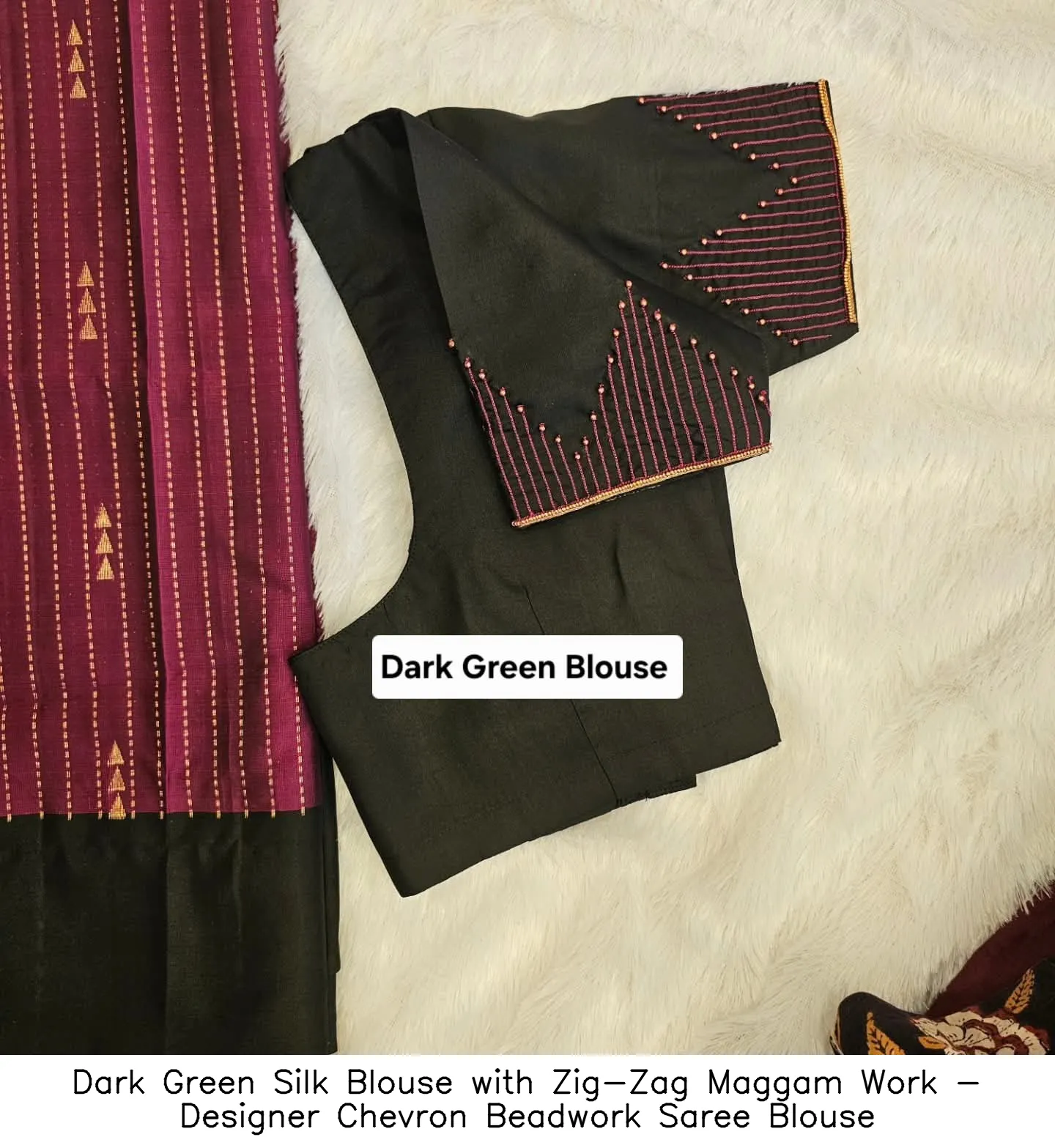 ​Dark Green Silk Blouse with Zig-Zag Maggam Work - Designer Chevron Beadwork Saree Blouse