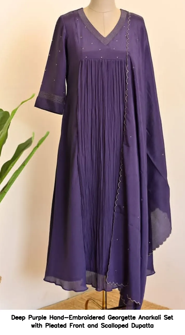 ​Deep Purple Hand-Embroidered Georgette Anarkali Set with Pleated Front and Scalloped Dupatta