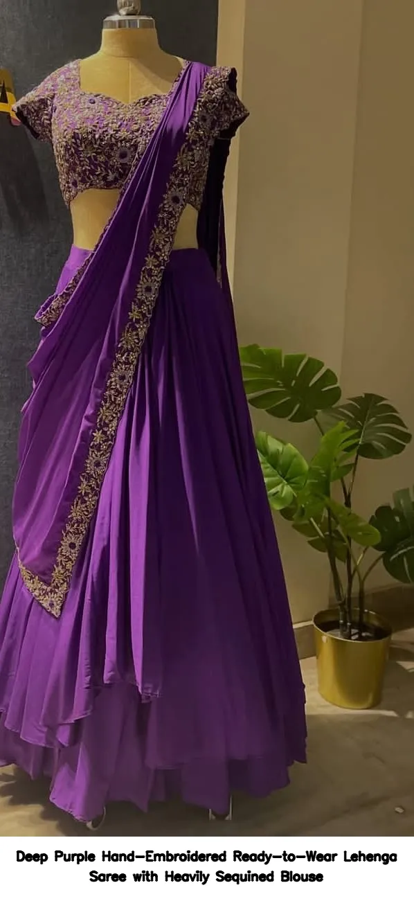 ​Deep Purple Hand-Embroidered Ready-to-Wear Lehenga Saree with Heavily Sequined Blouse