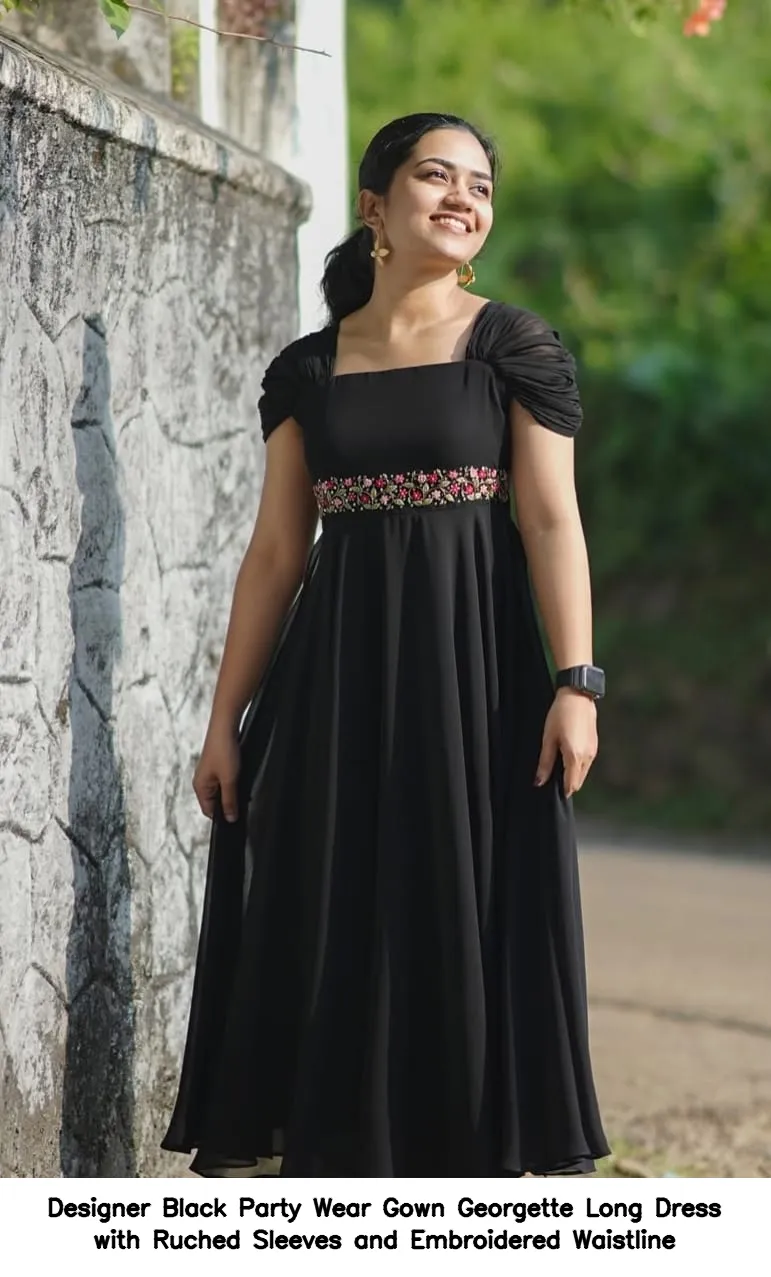 ​Designer Black Party Wear Gown – Georgette Long Dress with Ruched Sleeves and Embroidered Waistline
