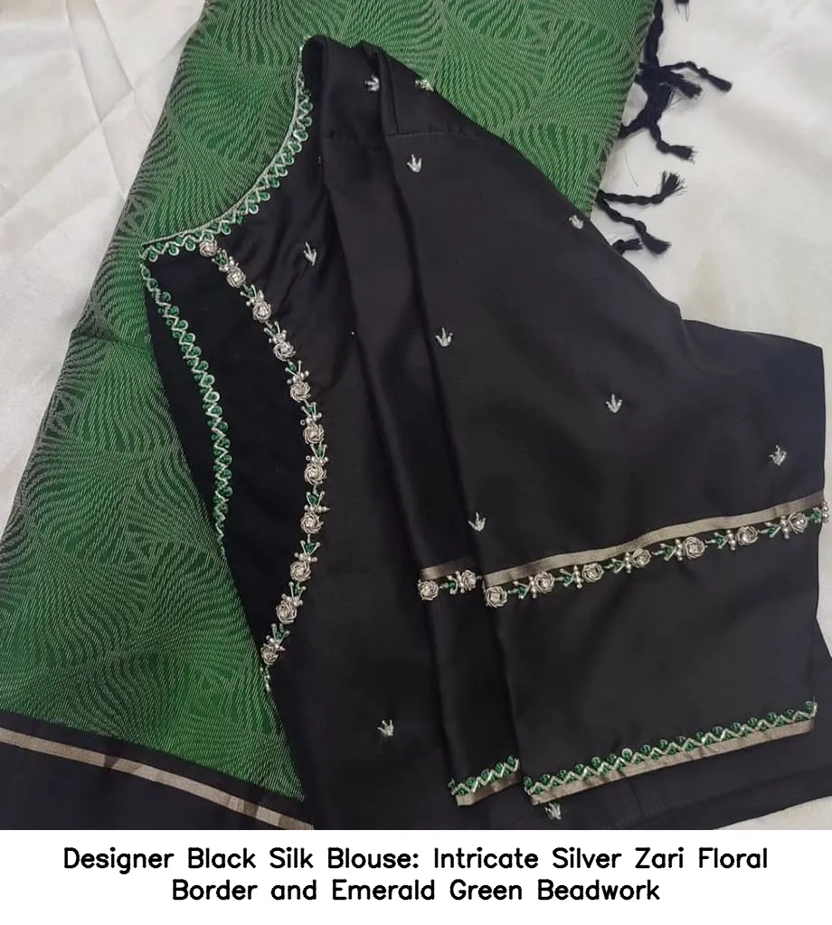 ​Designer Black Silk Blouse: Intricate Silver Zari Floral Border and Emerald Green Beadwork