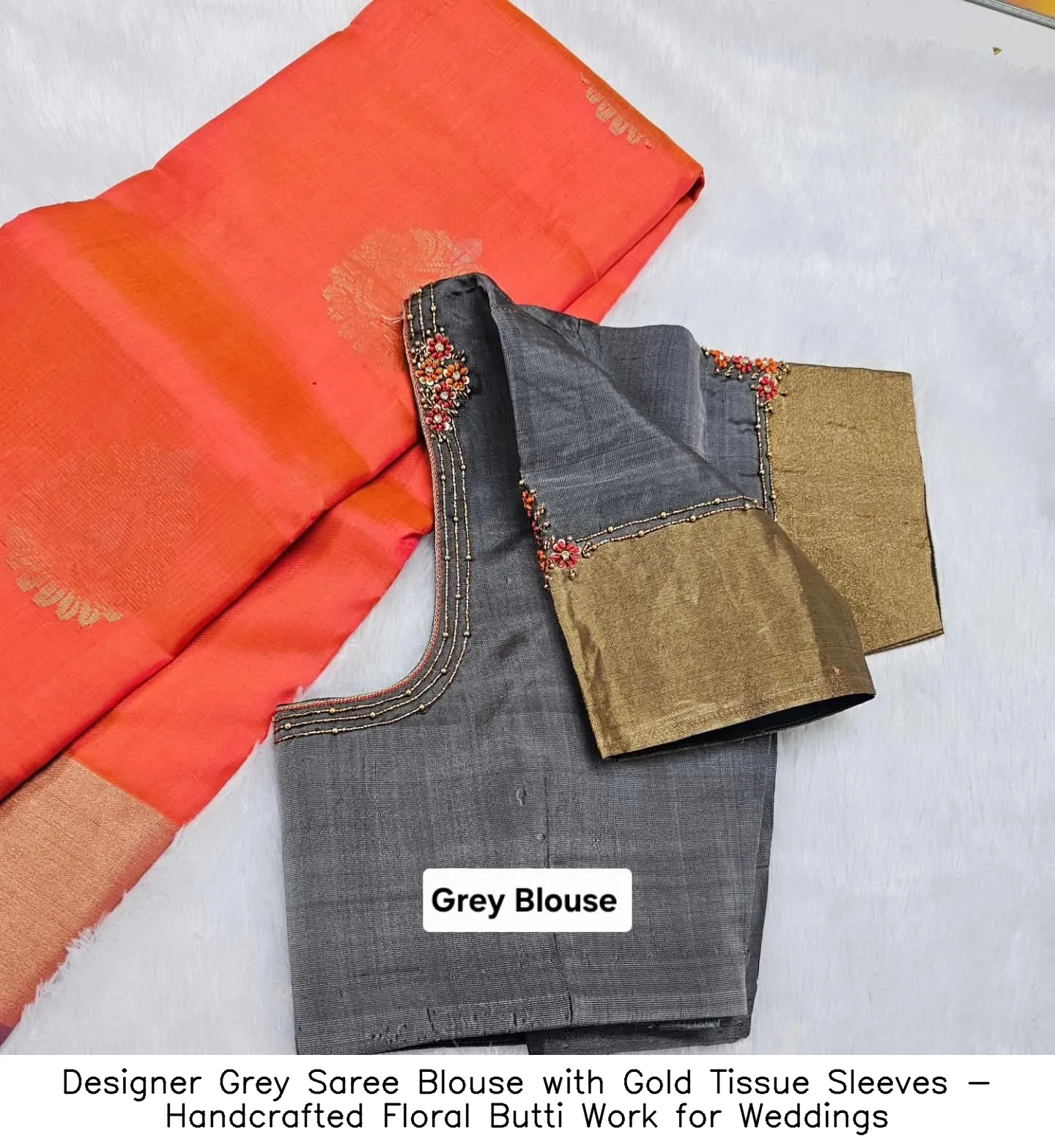 ​Designer Grey Saree Blouse with Gold Tissue Sleeves - Handcrafted Floral Butti Work for Weddings
