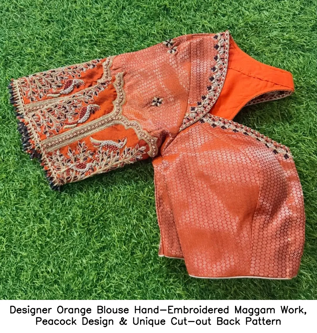 ​Designer Orange Blouse  Hand-Embroidered Maggam Work, Peacock Design & Unique Cut-out Back Pattern