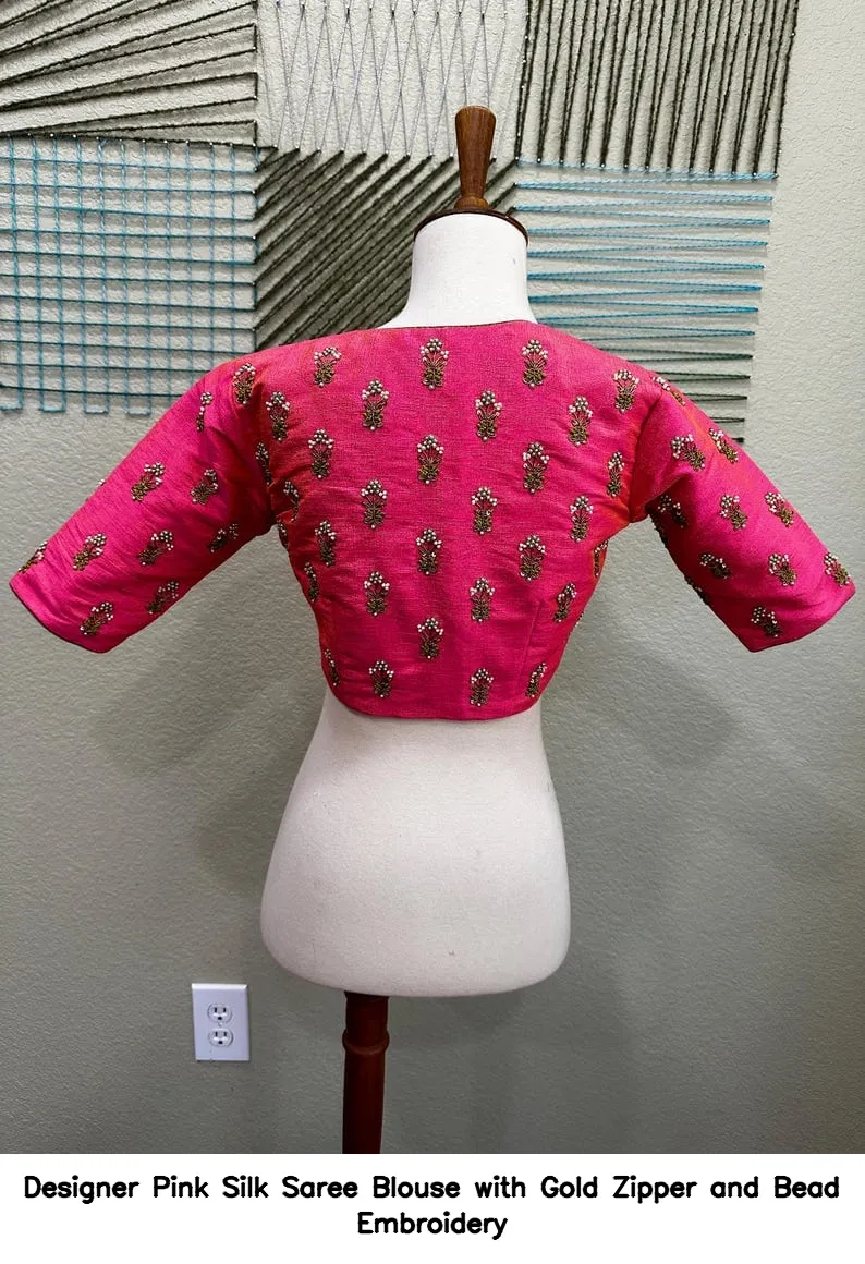 ​Designer Pink Silk Saree Blouse with Gold Zipper and Bead Embroidery