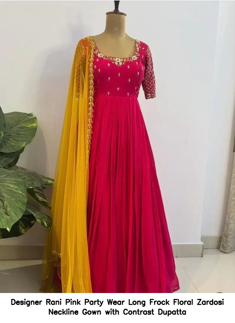 ​Designer Rani Pink Party Wear Long Frock – Floral Zardosi Neckline Gown with Contrast Dupatta