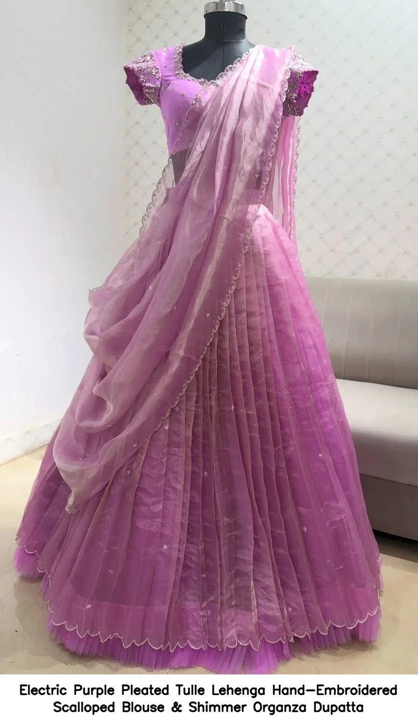 ​Electric Purple Pleated Tulle Lehenga – Hand-Embroidered Scalloped Blouse & Shimmer Organza Dupatta