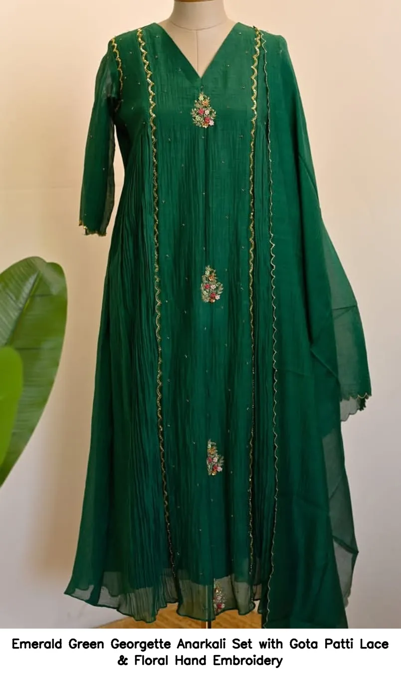 ​Emerald Green Georgette Anarkali Set with Gota Patti Lace & Floral Hand Embroidery
