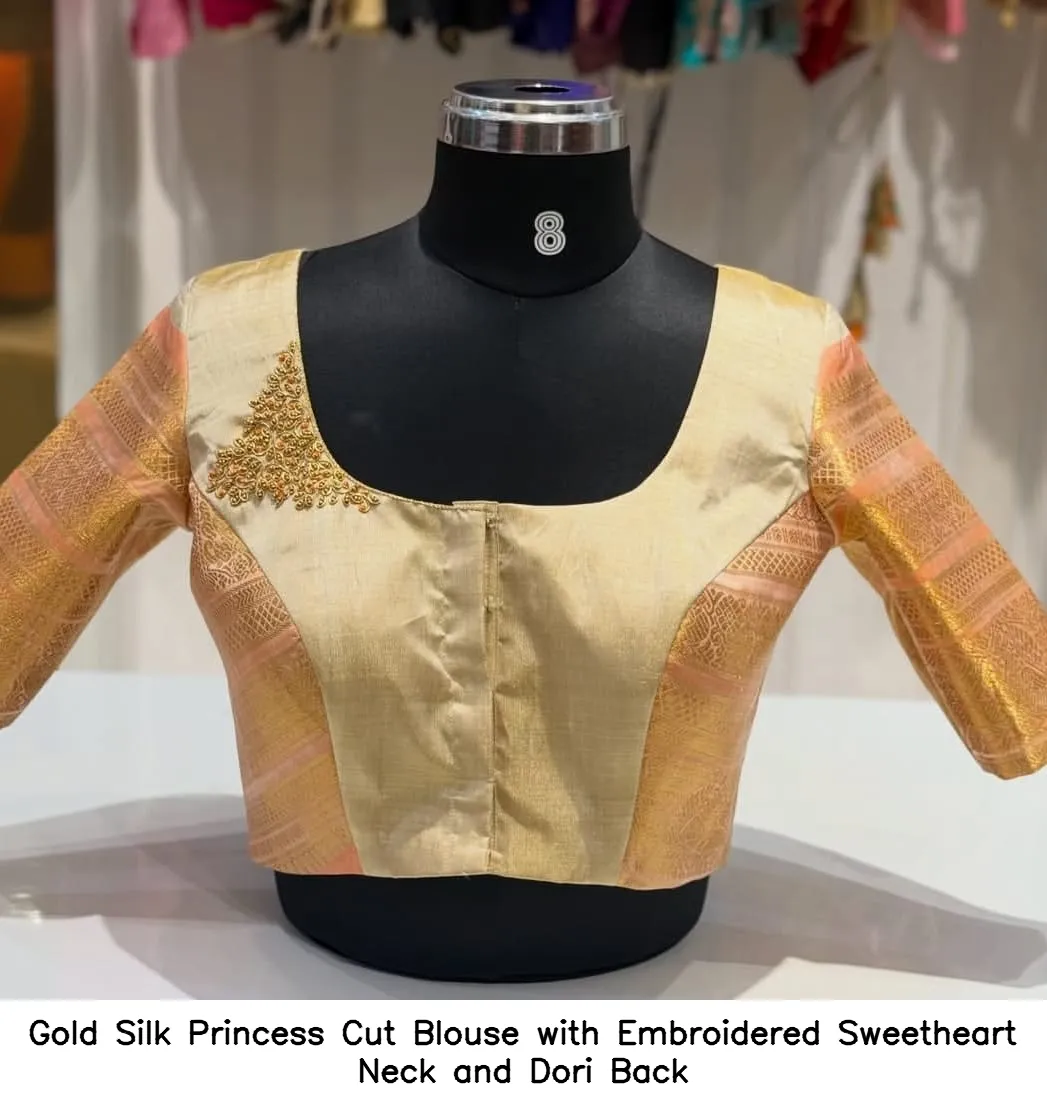 ​Gold Silk Princess Cut Blouse with Embroidered Sweetheart Neck and Dori Back