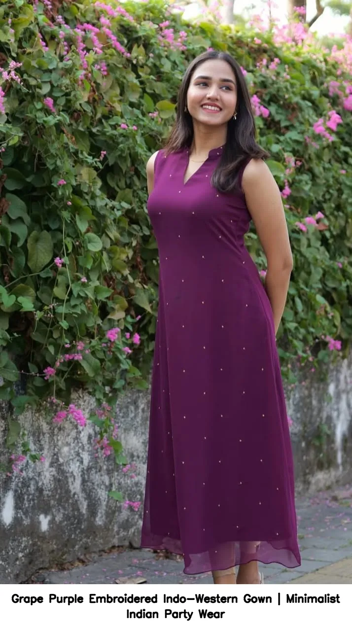 ​Grape Purple Embroidered Indo-Western Gown | Minimalist Indian Party Wear