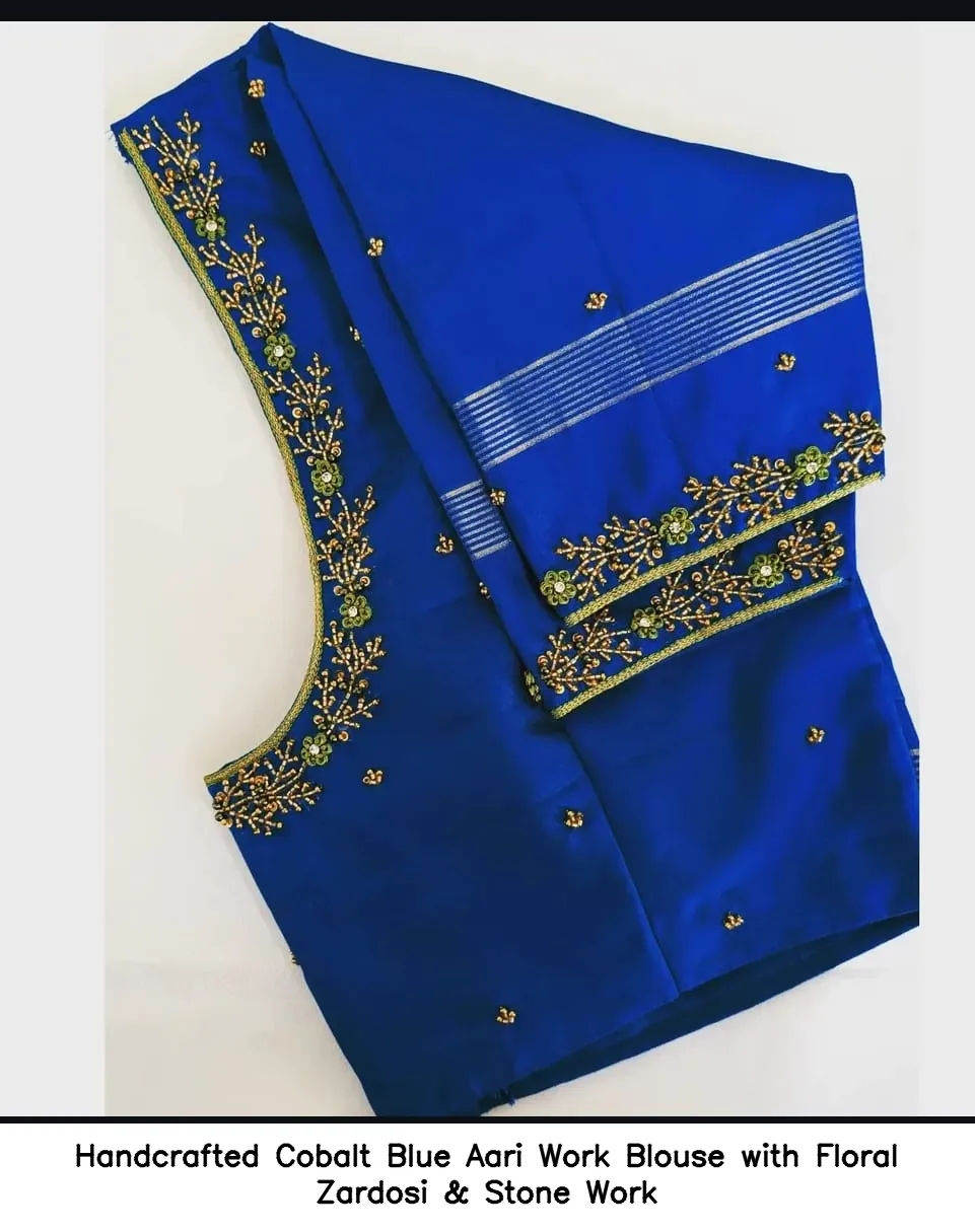 ​Handcrafted Cobalt Blue Aari Work Blouse with Floral Zardosi & Stone Work
